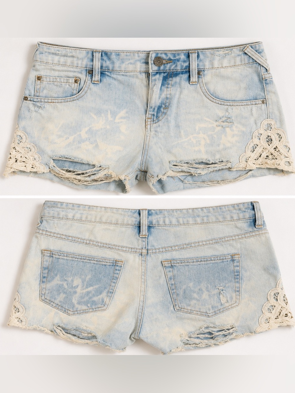 Free People Light Blue Distressed Denim Shorts with Cream Lace Trim